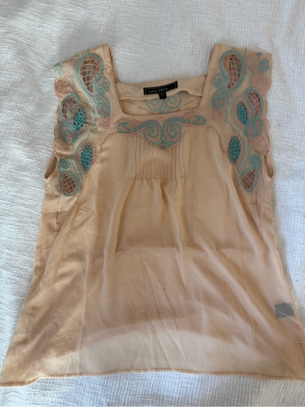 Love Stitch apricot and teal Embroidered Square-Neck  sheer Tank